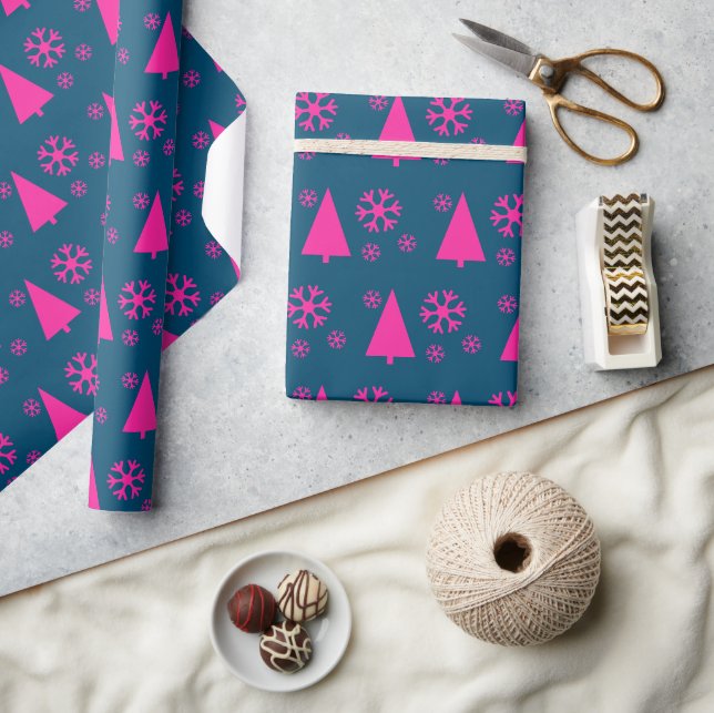Papel De Presente Flocos de neve de árvore de Natal rosa azuis (Artesanato)
