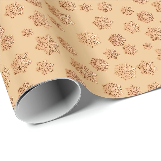Papel De Presente Flocos de neve de cobre 3 d sobre fundo de cobre (Ponta do rolo)