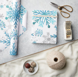 Papel De Presente Flocos de Neve de Inverno em Azul Aquarela e Brilh