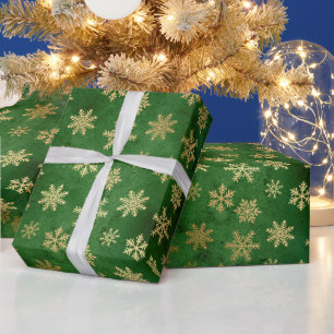 Papel De Presente Flocos de Neve de Inverno em Folha de Ouro e Verde