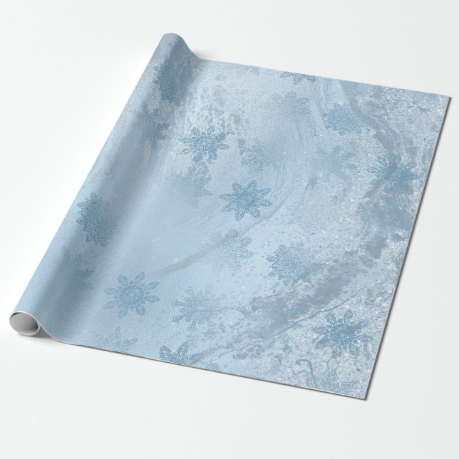 Papel De Presente Flocos de neve de mármore azul Elegante (Desenrolado)