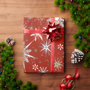 Papel De Presente Flocos de Neve de Meados do Século em Abundância s