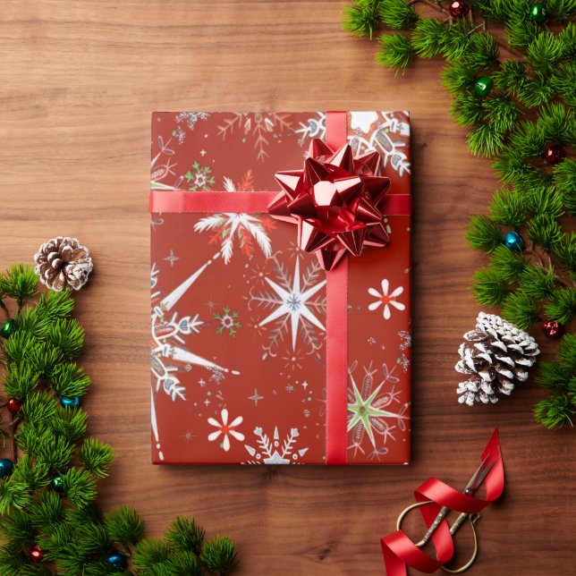 Papel De Presente Flocos de Neve de Meados do Século em Abundância s (Presente de Natal)
