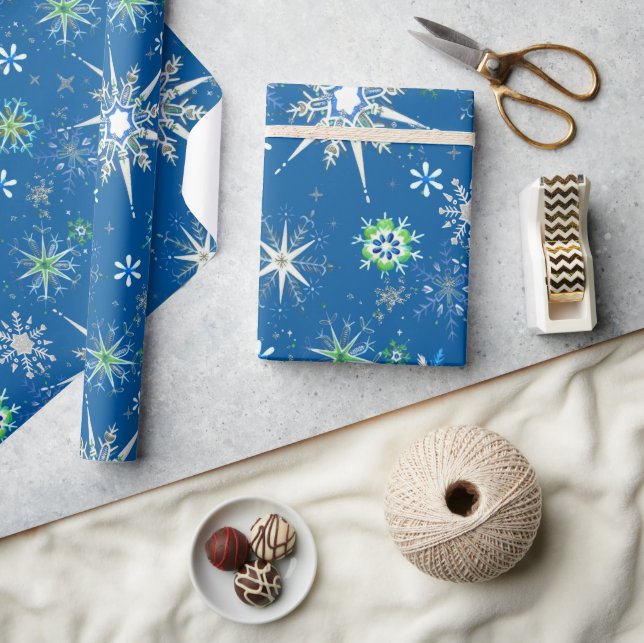 Papel De Presente Flocos de Neve de Meados do Século em Azul (Artesanato)
