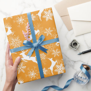 Papel De Presente Flocos de neve de Natal amarelos padrão de veado