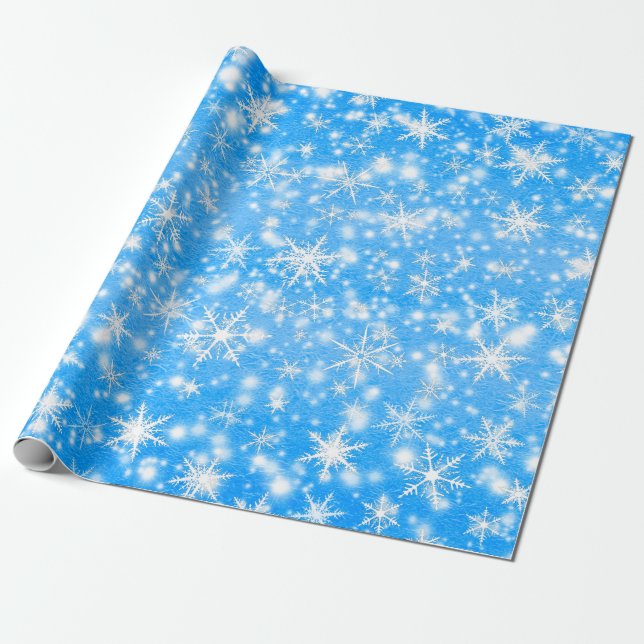 Papel De Presente Flocos de neve de Natal brilham em azul (Desenrolado)