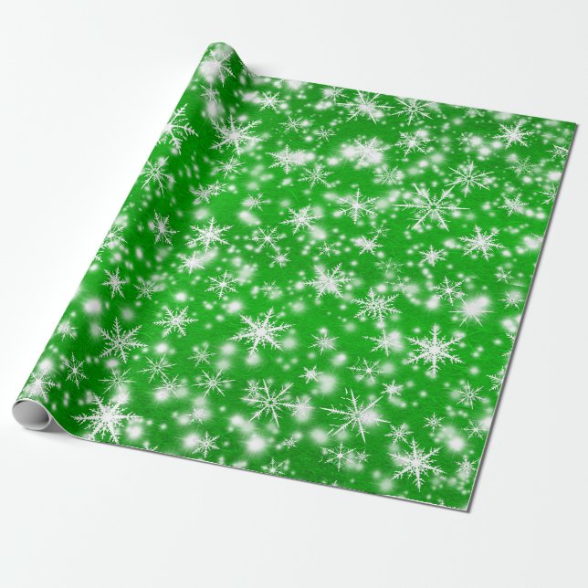 Papel De Presente Flocos de neve de Natal brilham em verde (Desenrolado)