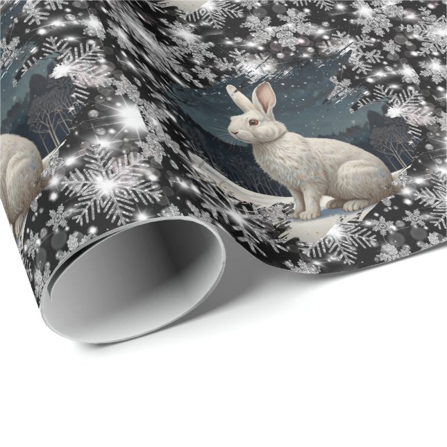 Papel De Presente Flocos de neve de Natal coelho branco elegante (Ponta do rolo)