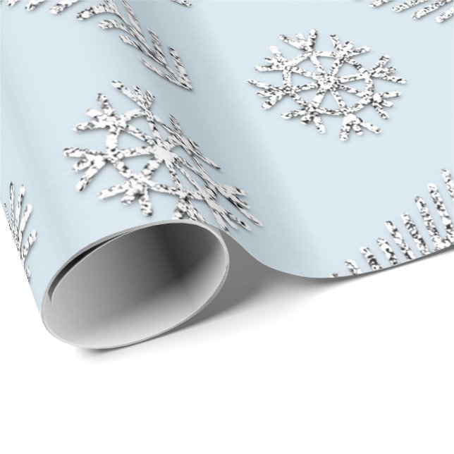 Papel De Presente Flocos de neve de Natal com brilho azul (Ponta do rolo)