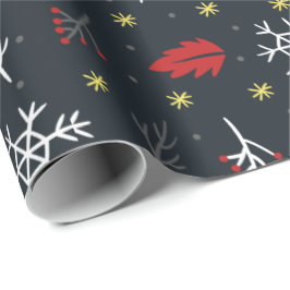 Papel De Presente Flocos de neve de Natal e folhas com fundo preto