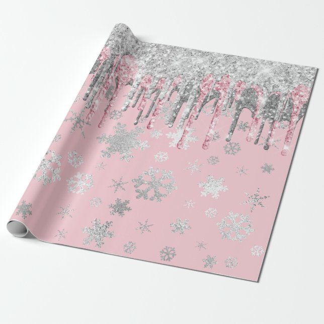 Papel De Presente Flocos de neve de Natal Elegante Rosa Dourado Silv (Desenrolado)