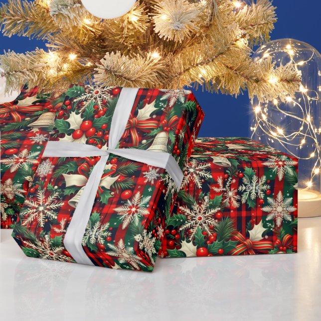 Papel De Presente Flocos de Neve de Natal Folhas de Azevinho sobre P (Feriados)