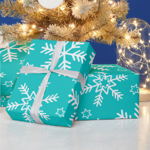 Papel De Presente Flocos de Neve de Natal Turquesa e Branco