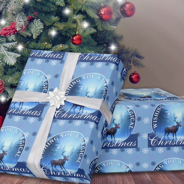 Papel De Presente Flocos de Neve de Rena Azul Natal (Criador carregado)