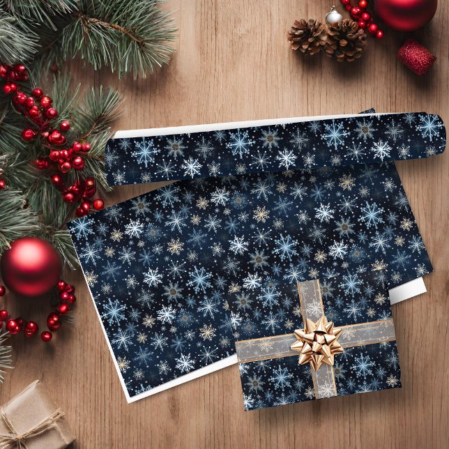 Papel De Presente Flocos de neve de safra azul Elegante (Elegant Blue Vintage Snowflakes Wrapping Paper)