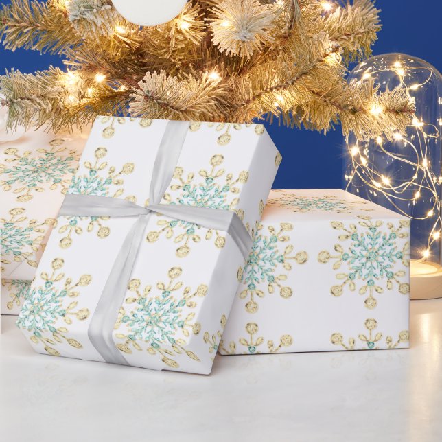 Papel De Presente Flocos de Neve de Vidro de Natal Dourado Turquesa  (Feriados)
