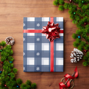 Papel De Presente Flocos de neve de xadrez de gingham branco-azul tr