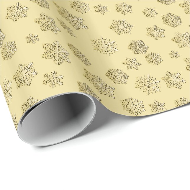 Papel De Presente Flocos de neve do ouro 3 d sobre fundo dourado (Ponta do rolo)