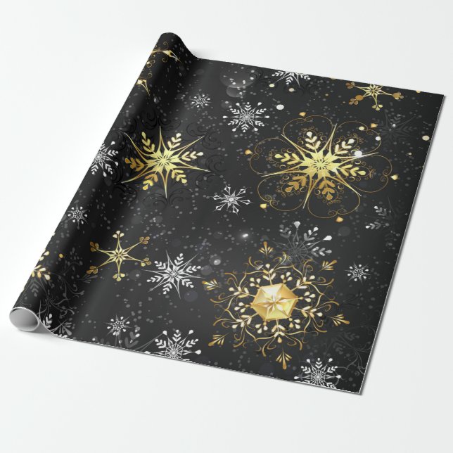 Papel De Presente Flocos de neve do Ouro Xmas em preto (Desenrolado)