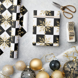 Papel De Presente Flocos de neve Dourados com brilho preto e branco
