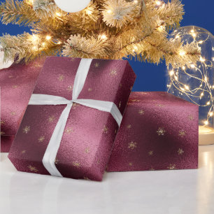 Papel De Presente Flocos de neve Dourados de Borgonha Vermelha  