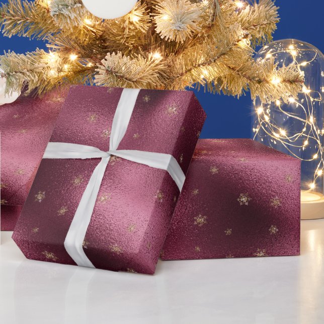 Papel De Presente Flocos de neve Dourados de Borgonha Vermelha   (Feriados)