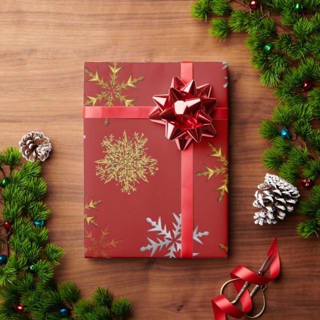 Papel De Presente Flocos de neve Dourados e prateados no Natal Verme (Presente de Natal)