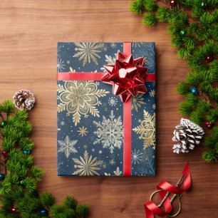 Papel De Presente Flocos de Neve Dourados Elegantes Natal Azul Natal
