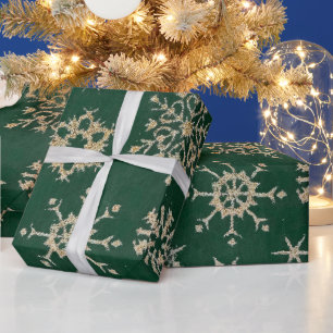 Papel De Presente Flocos de Neve Dourados Metalizados Natalinos Verd