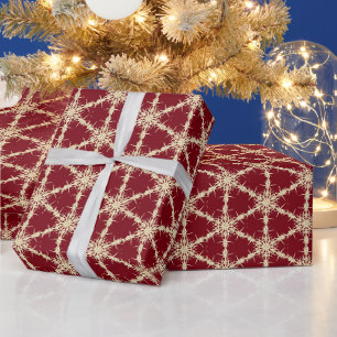 Papel De Presente Flocos de Neve Dourados Sobre Vermelho