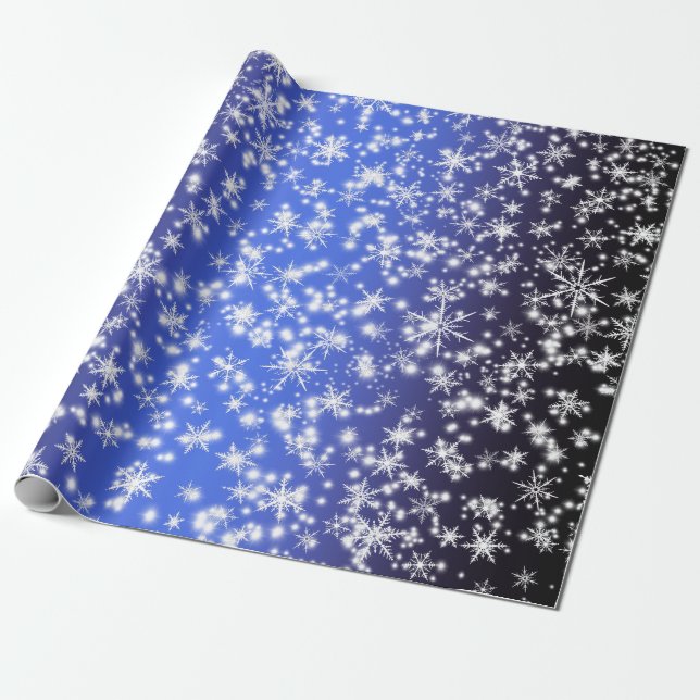 Papel De Presente Flocos de neve e faíscas sobre luz azul Marinho (Desenrolado)