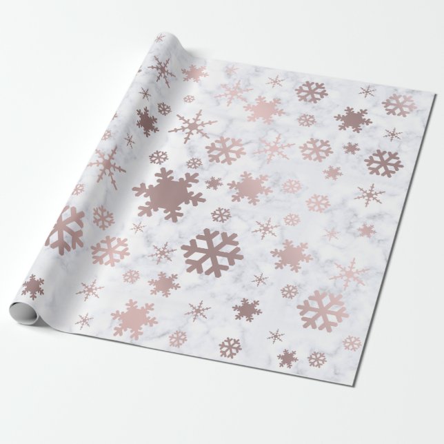 Papel De Presente Flocos de neve e mármore Dourados do Rosa de Natal (Desenrolado)