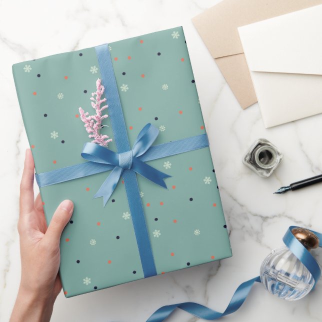 Papel De Presente Flocos de neve e pontos em turquesa (Presentear)