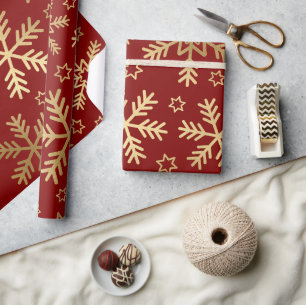 Papel De Presente Flocos de Neve Elegantes em Vermelho e Dourado Nat