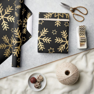 Papel De Presente Flocos de Neve Elegantes Preto e Dourado Natal