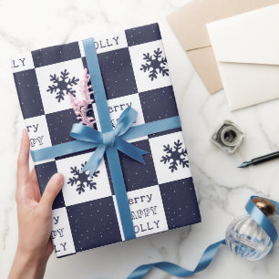 Papel De Presente Flocos de neve felizes com Feliz azul