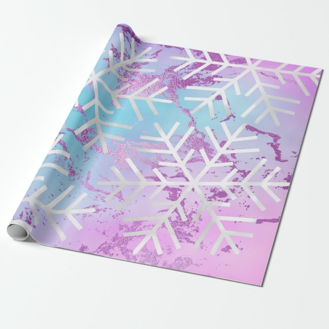 Papel De Presente Flocos de neve Feriado de Natal Mármore Roxo Azul (Desenrolado)