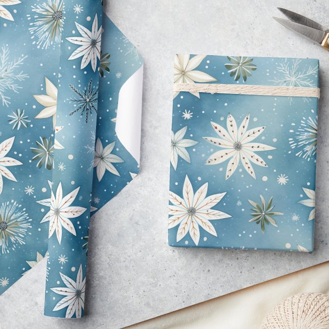 Papel De Presente Flocos de neve gelados e estrelas de Natal (Criador carregado)