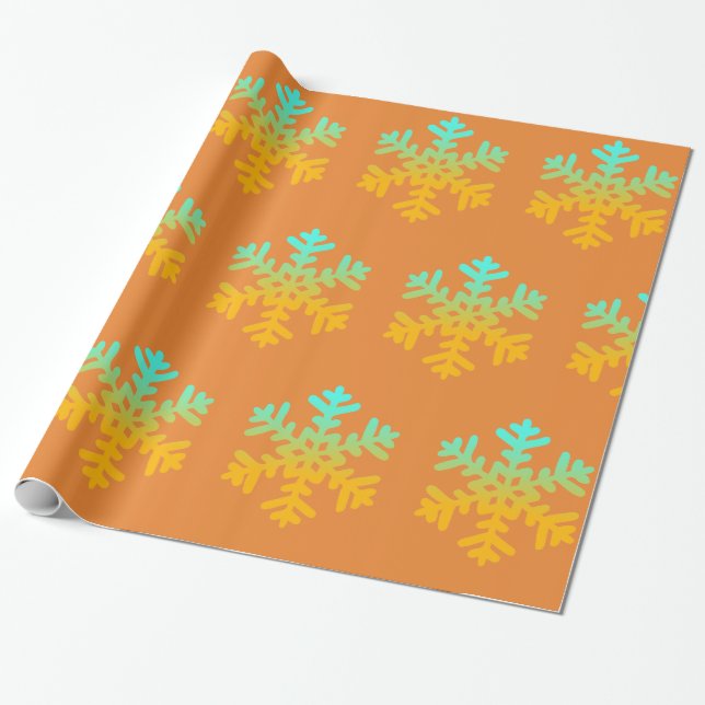 Papel De Presente Flocos de neve laranja e azul de inverno (Desenrolado)