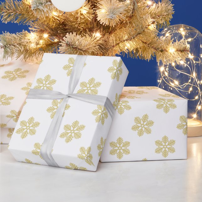 Papel De Presente Flocos de neve modernos | Dourado e branco (Feriados)