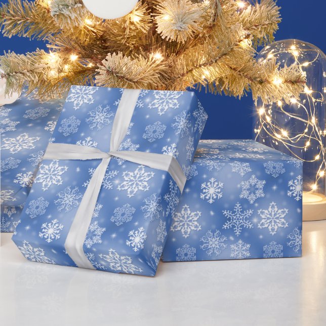 Papel De Presente Flocos de Neve no Azul de Inverno (Feriados)