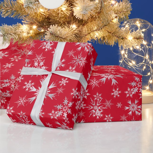 Papel De Presente Flocos de Neve Prata Vermelho Natal  (Feriados)