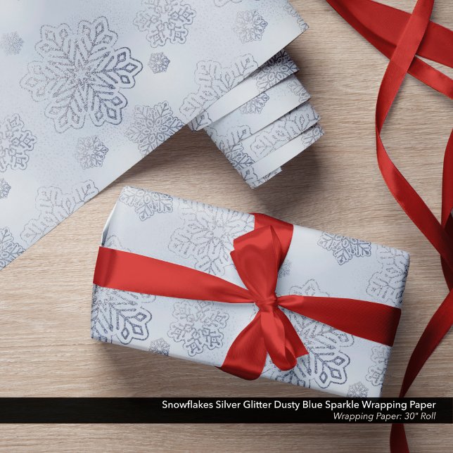 Papel De Presente Flocos de neve Prateado Brilho Azul Dusty (Snowflakes Wrapping Paper Silver Glitter/Dusty Blue Sparkle )