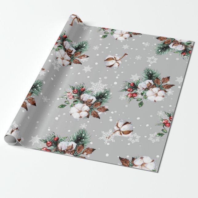 Papel De Presente Flocos de neve prateados, Bolas de algodão, Holly, (Desenrolado)