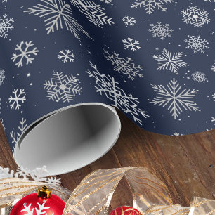 Papel De Presente Flocos de neve prateados elegantes no Natal Azul