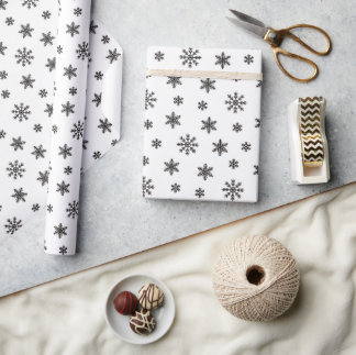 Papel De Presente Flocos de neve pretos de Natal em fundo branco