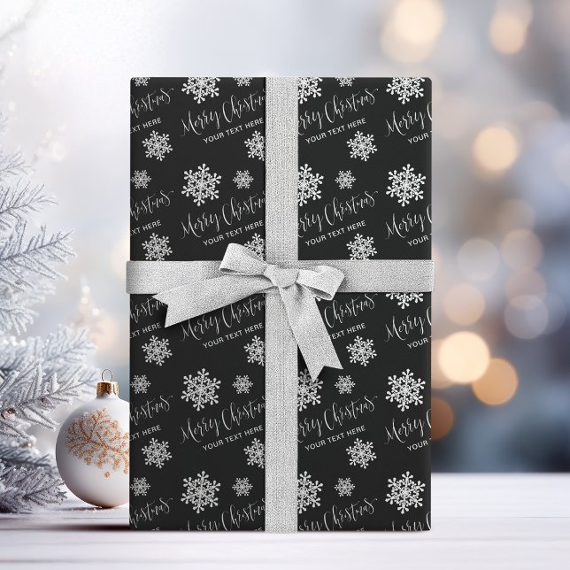 Papel De Presente Flocos de Neve Pretos - Manuscrito Feliz de Natal  (Black Snowflakes Merry Christmas Script Custom Wrapping Paper)
