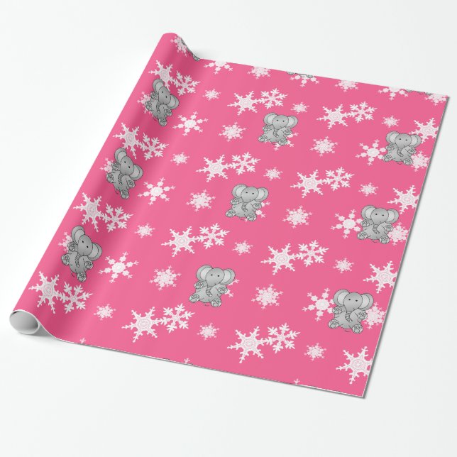 Papel De Presente Flocos de neve rosas, elefantes, brancos (Desenrolado)