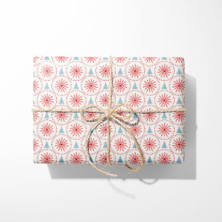 Papel De Presente Flocos de neve vermelhos do Natal nórdico e árvore