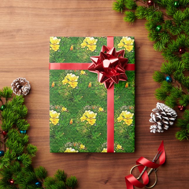 Papel De Presente Flor Amarelo Freesia nas Folhas Verdes (Presente de Natal)